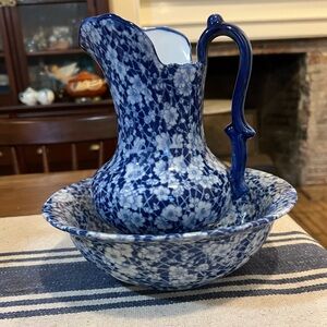 Antique Victoria Ware Ironstone Pitcher and Basin Blue Flow Floral Calico LARGE